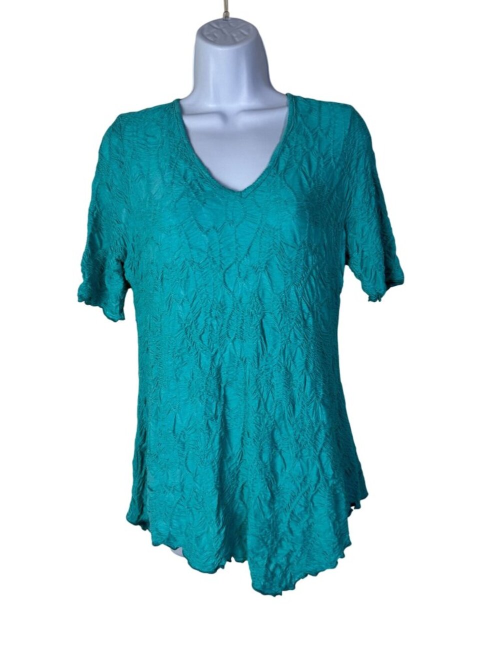 Sno Skins Teal Crinkle Textured V-Neck Short Sleeve Womens Tunic Top Size Medium